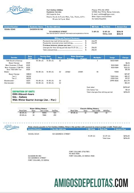 imprimível Modelo de conta de serviços públicos de serviços públicos dos EUA Colorado Fort Collins em formatos Word e PDF